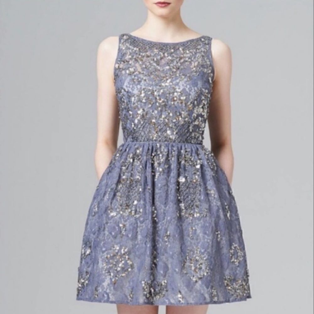 Aidan Mattox Sequin Slate Grey/Purple Prussian Fit & Flare Mini Dress | SZ 2
